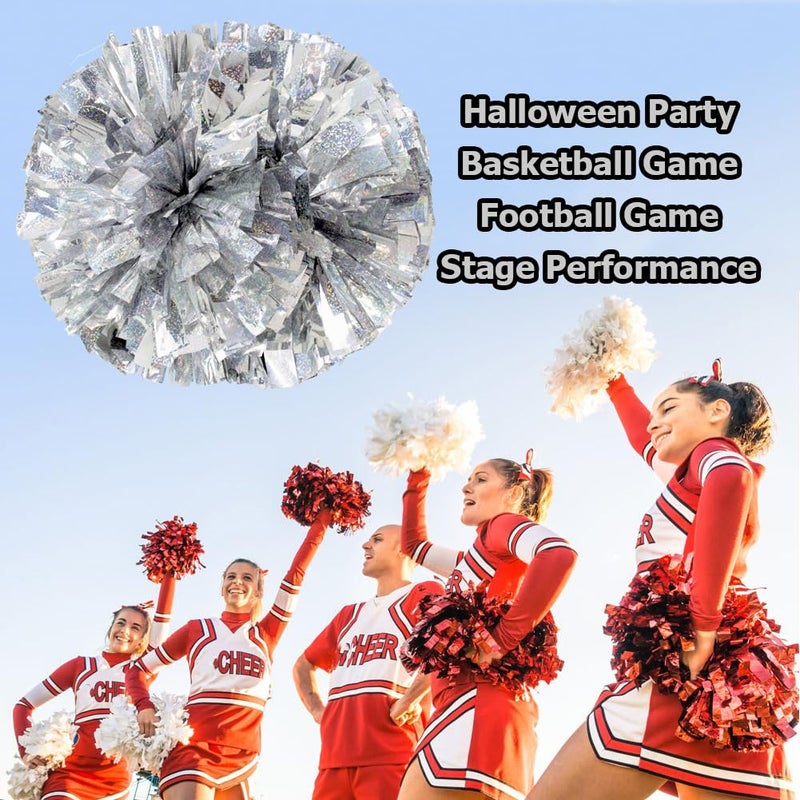 Hooshing 2PCS Silver Pom Poms Cheerleading Holographic Spot with Baton Handle for Team Spirit Sports Cheering - Image 4